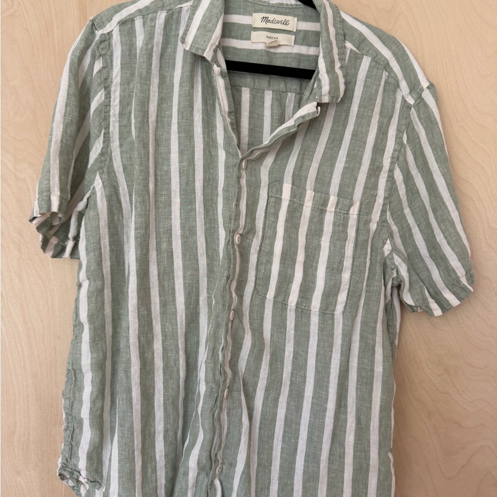 Madewell Sage Green and White Striped Linen-Blend Button-Up Shirt